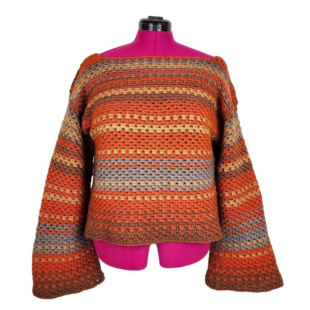 New Handmade Crochet Crop Sweater Boho Multicolor Striped Boat Neck Pullover OS
